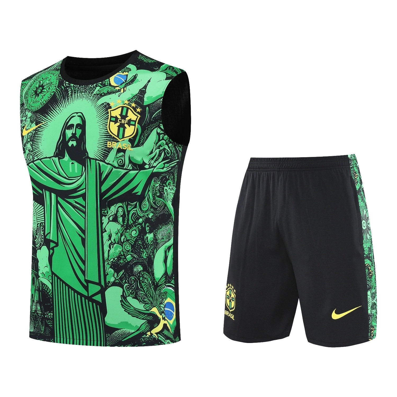 Brazil 25-26 Green Jesus Statue Vest Training Set - Green Vest & Black Shorts - ManixJersey