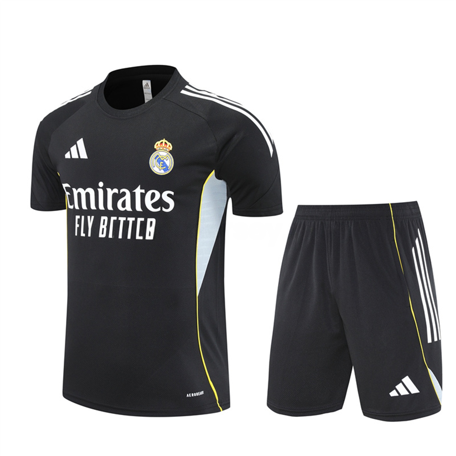 Real Madrid 25-26 Kids Short-Sleeve Training Set - Yellow Line Black Top and Black Shorts - ManixJersey