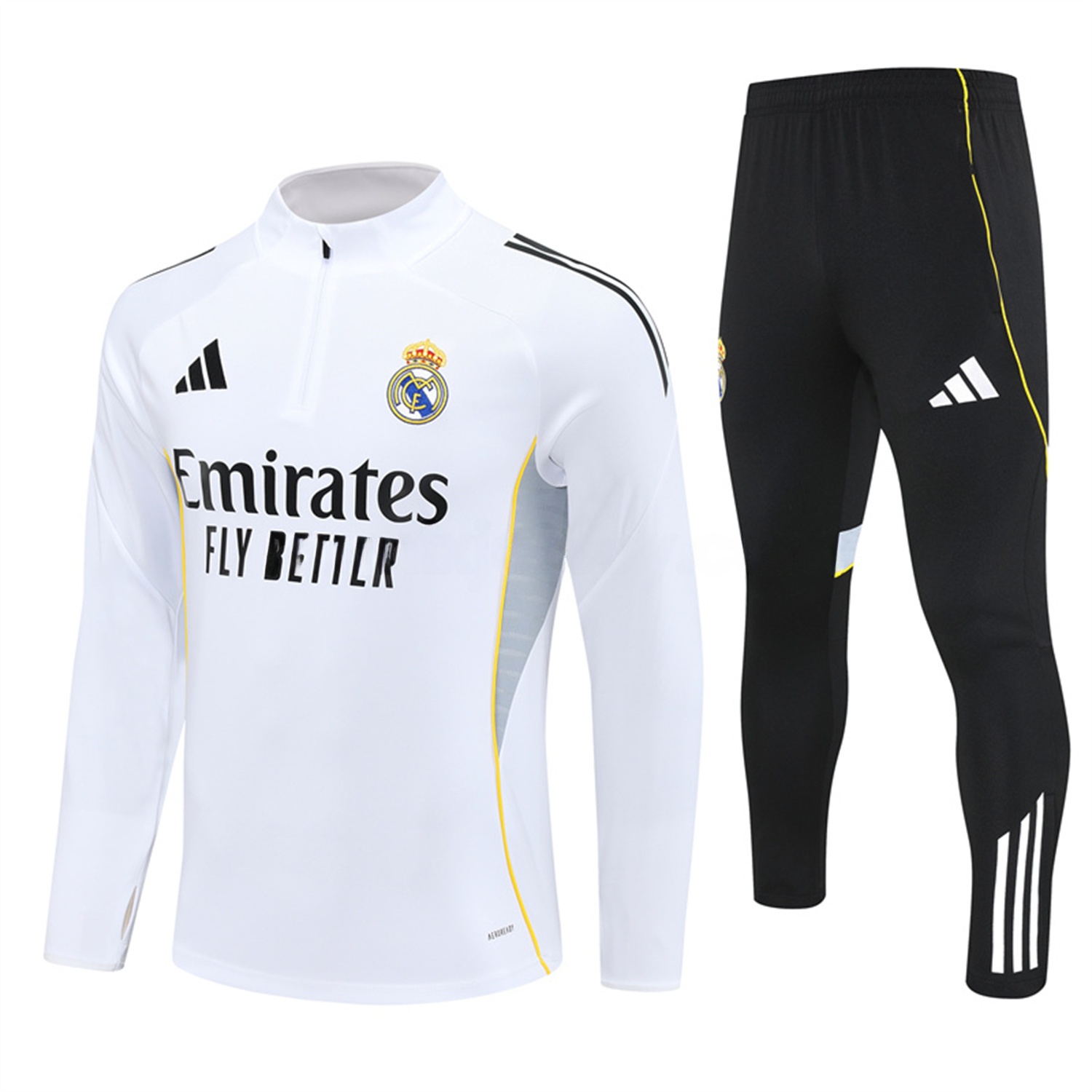 Real Madrid 25-26 Kids Long Sleeve Training Set - Yellow Line White Top and Black Shorts - ManixJersey