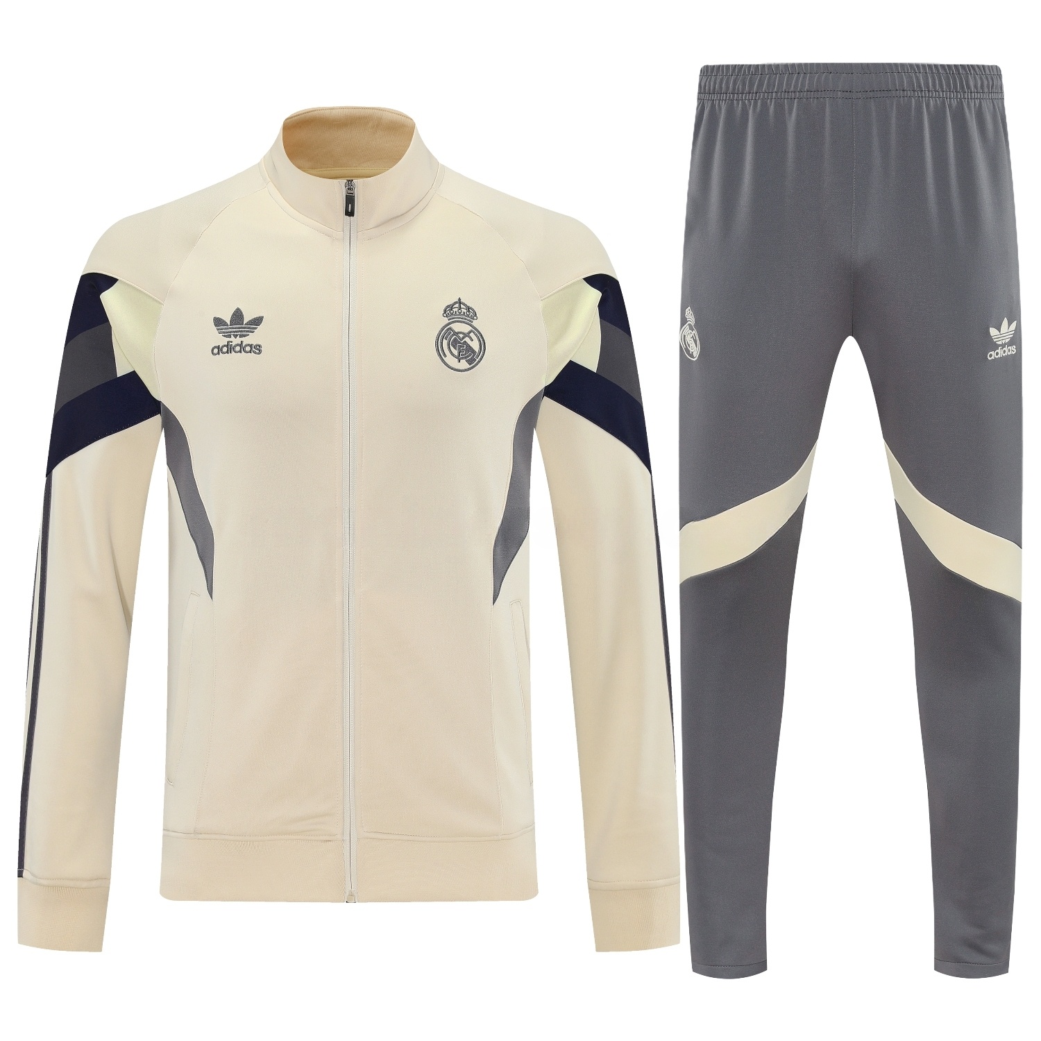Real Madrid 25-26 Throwback Jacket Training Tracksuit - Off-white Jackets & Grey Pants - ManixJersey
