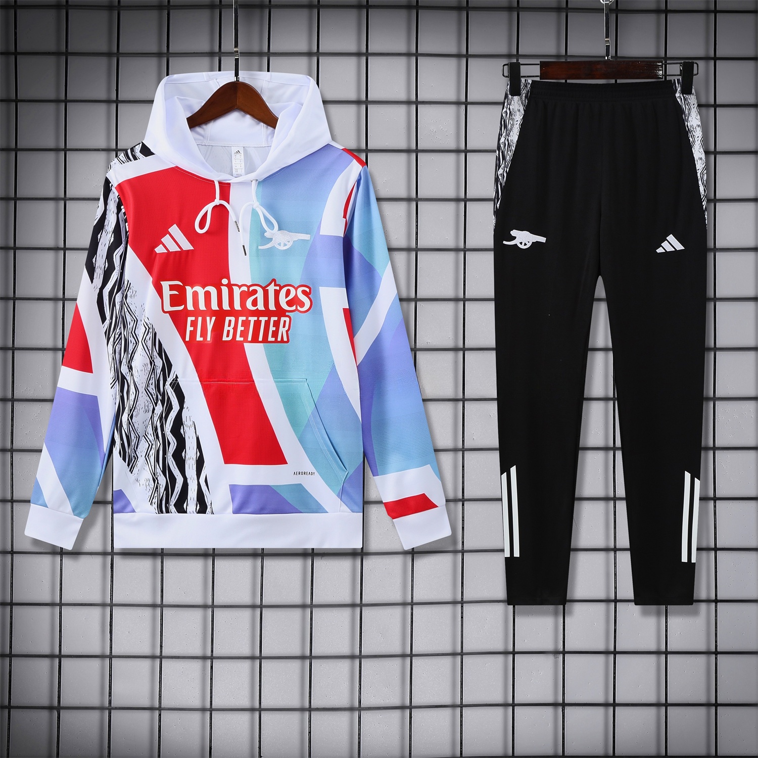 Arsenal 24-25 Pre-Match Training Hoodie Set - White Top and Black Pants - ManixJersey