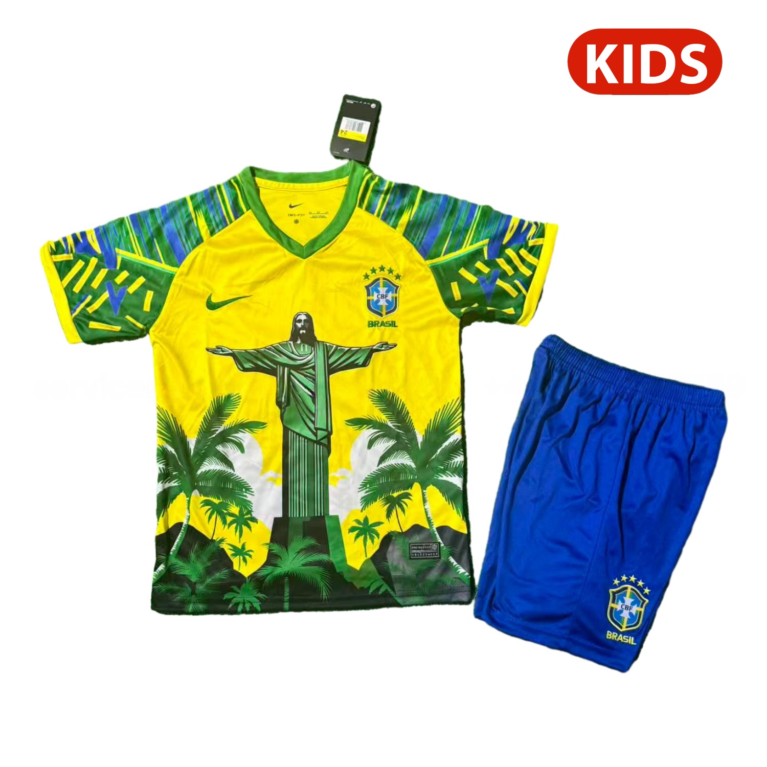 Brazil 25-26 Green Jesus Yellow Special Kids Kit - ManixJersey