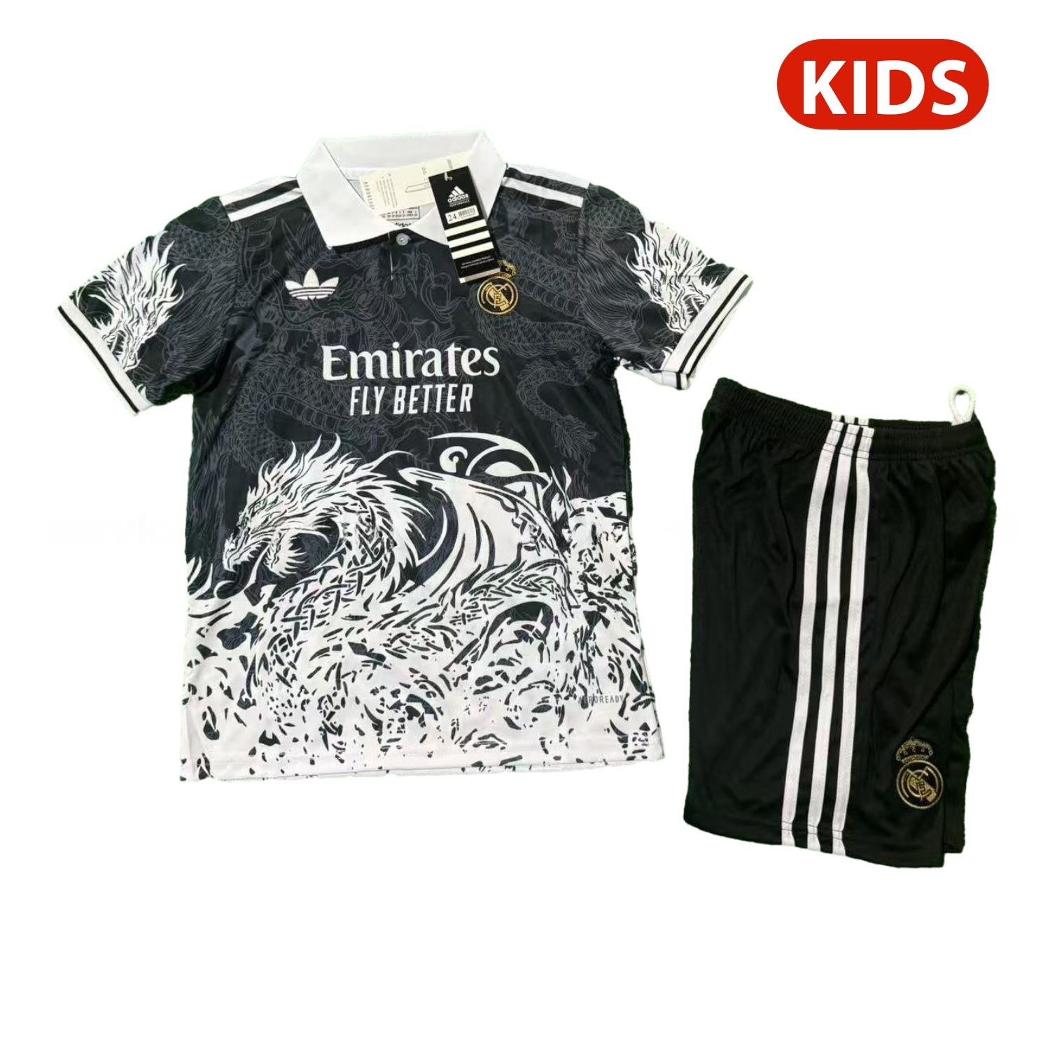 Real Madrid 25-26 White Fire Dragon Black Special Polo Kids Kit - ManixJersey