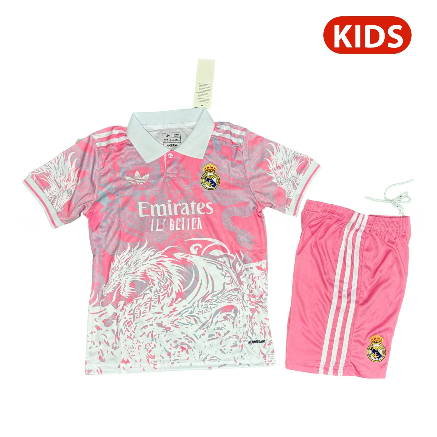 Real Madrid 25-26 White Fire Dragon Pink Special Polo Kids Kit - ManixJersey