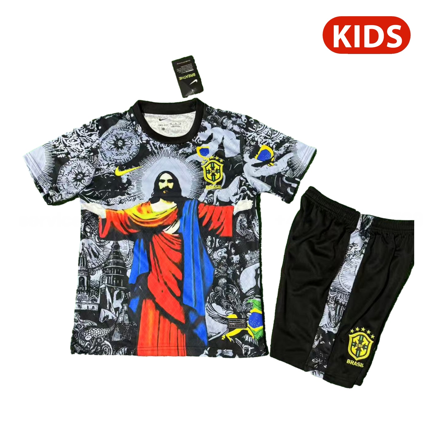 Brazil 25-26 Red Jesus Grey Special Kids Kit - ManixJersey