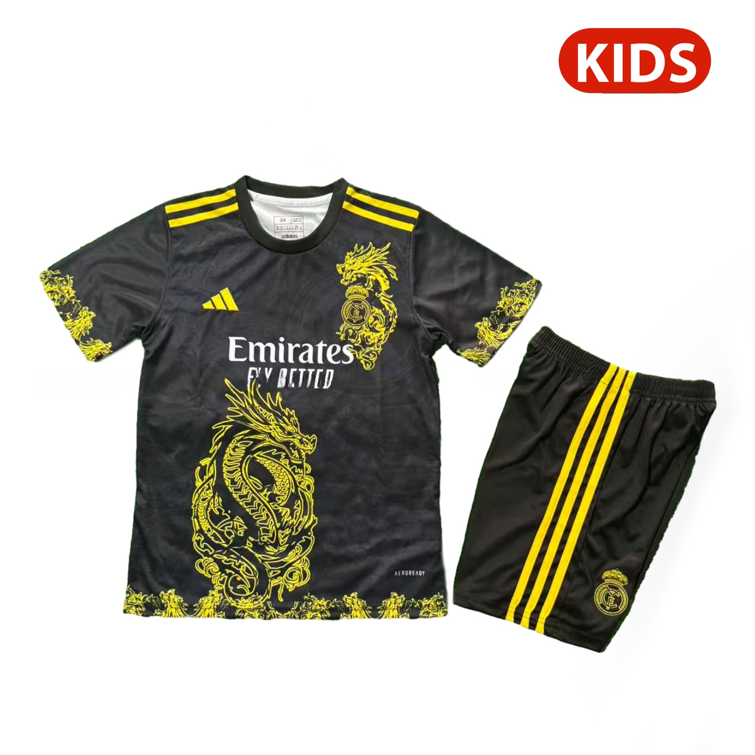 Real Madrid 25-26 Yellow Dragon Black Special Kids Kit - ManixJersey