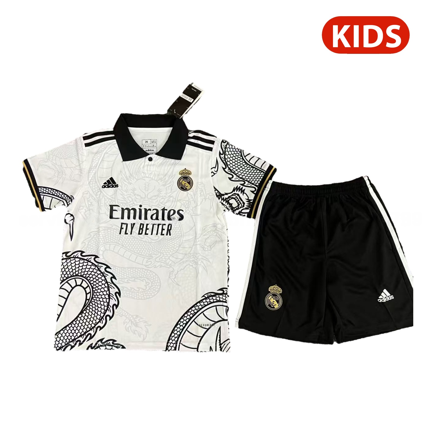 Real Madrid 25-26 Black Dragon Body White Special Polo Kids Kit - ManixJersey