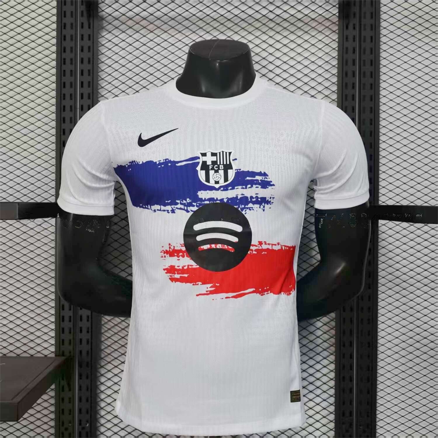 Barcelona 25-26 White Jersey with Red Blue Ink Horizontal Stripes Jersey - Player Version - ManixJersey