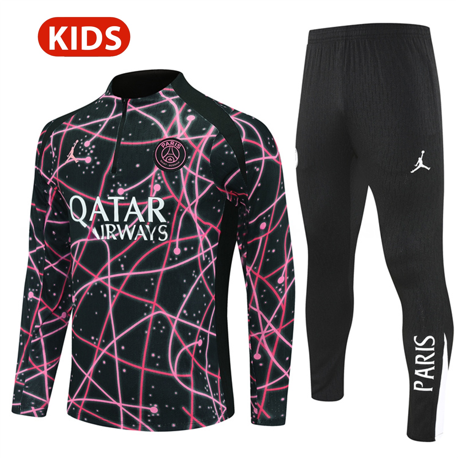 Paris Saint-Germain PSG 25-26 Kids Long Sleeve Training Set - JD Black Pink Top and Black Pants - ManixJersey