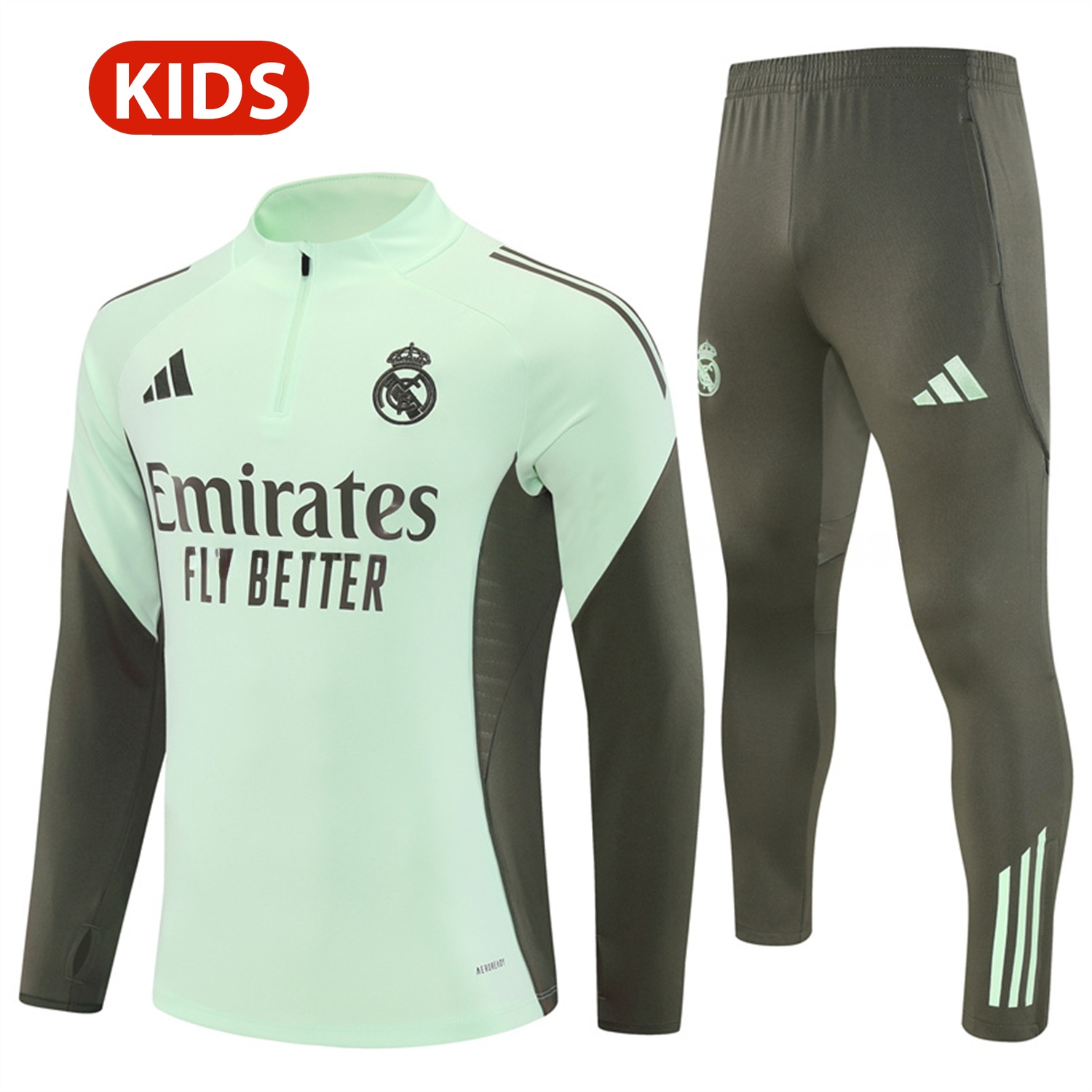 Real Madrid 25-26 Kids Long Sleeve Training Set - Light Green Top & Army Green Pants - ManixJersey