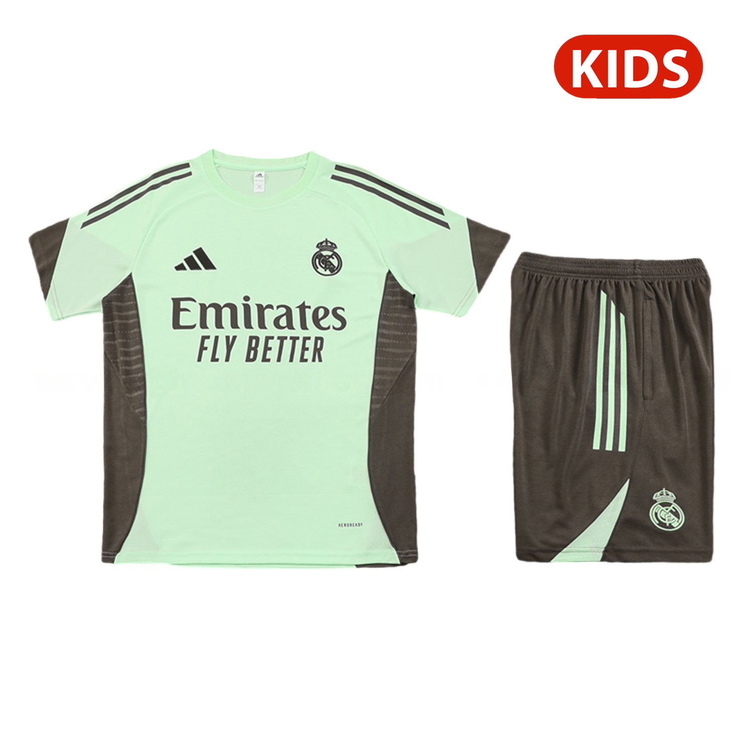 Real Madrid 25-26 Kids Short-Sleeve Training Set - Light Green Top and Dark Khaki Shorts - ManixJersey