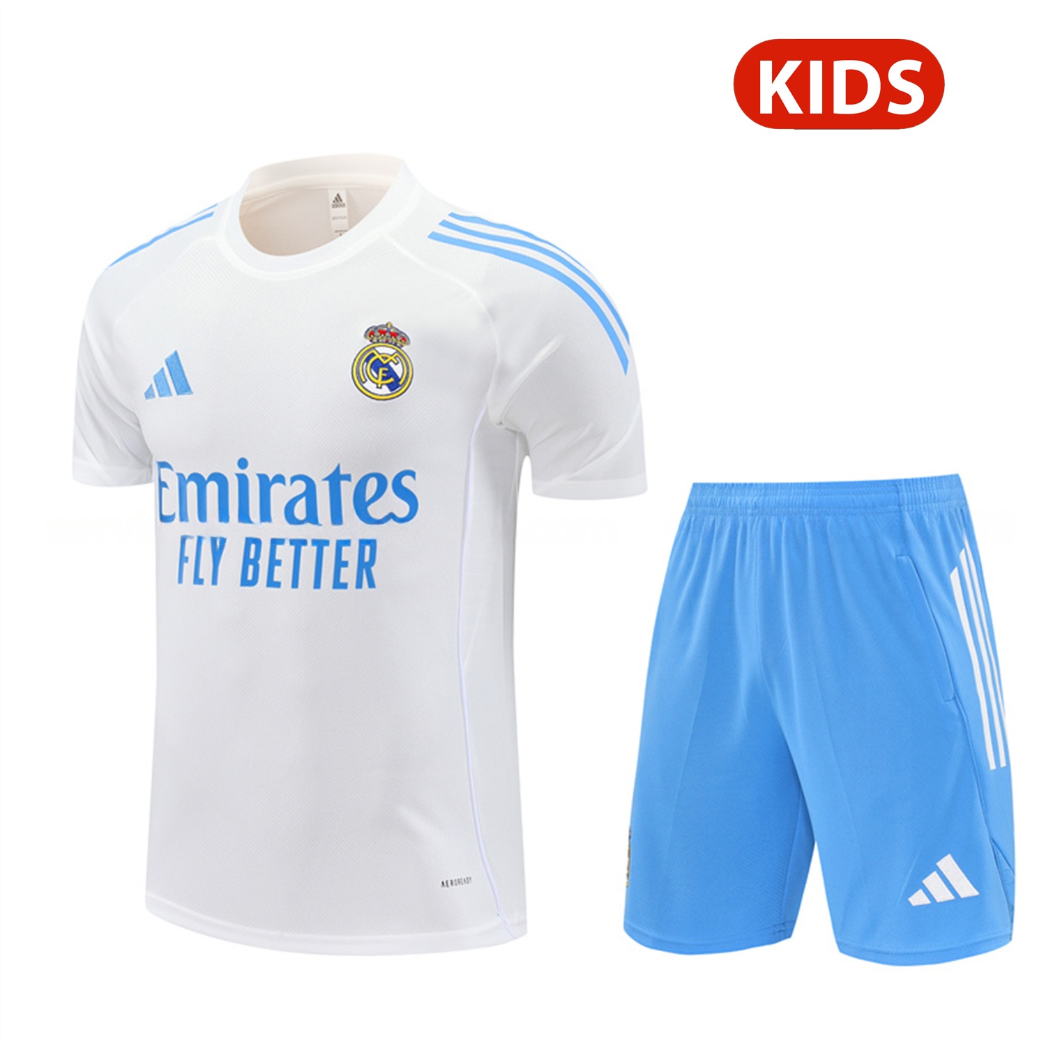 Real Madrid 25-26 Kids Short-Sleeve Training Set - White Top and Sky Blue Shorts - ManixJersey