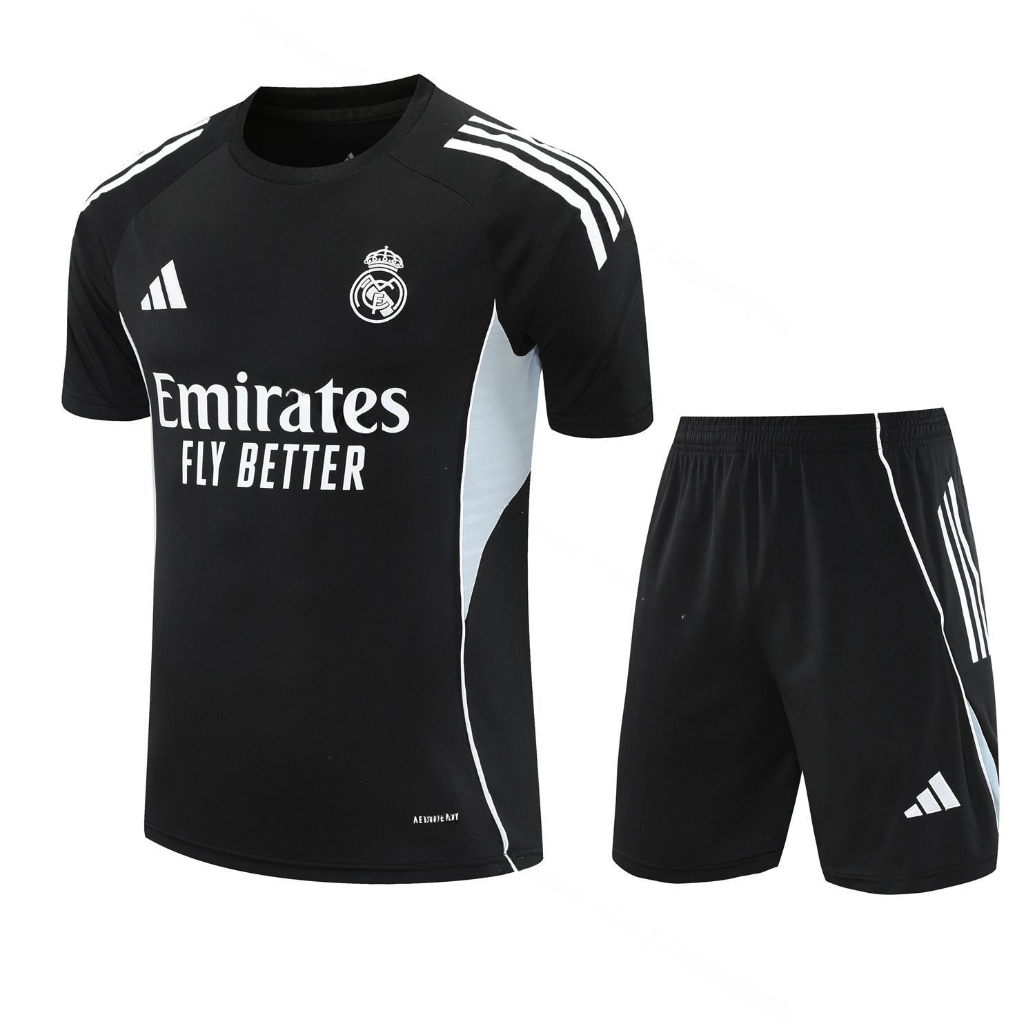 Real Madrid 25-26 Short-Sleeve Training Set - Light Grey Stripes Black Top & Black Shorts - ManixJersey