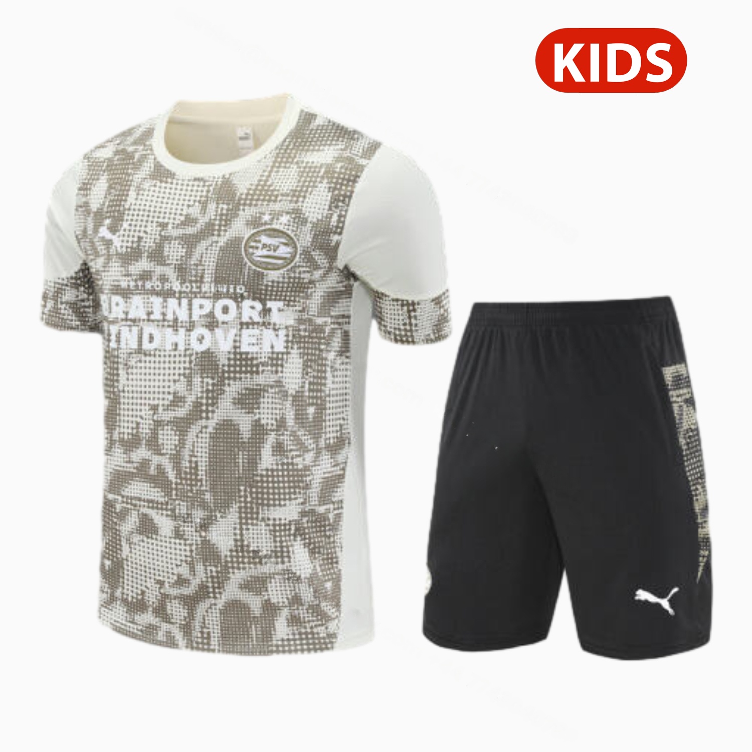 PSV Eindhoven 25-26 Kids Short-Sleeve Training Set - Khaki Top & Black Shorts - ManixJersey