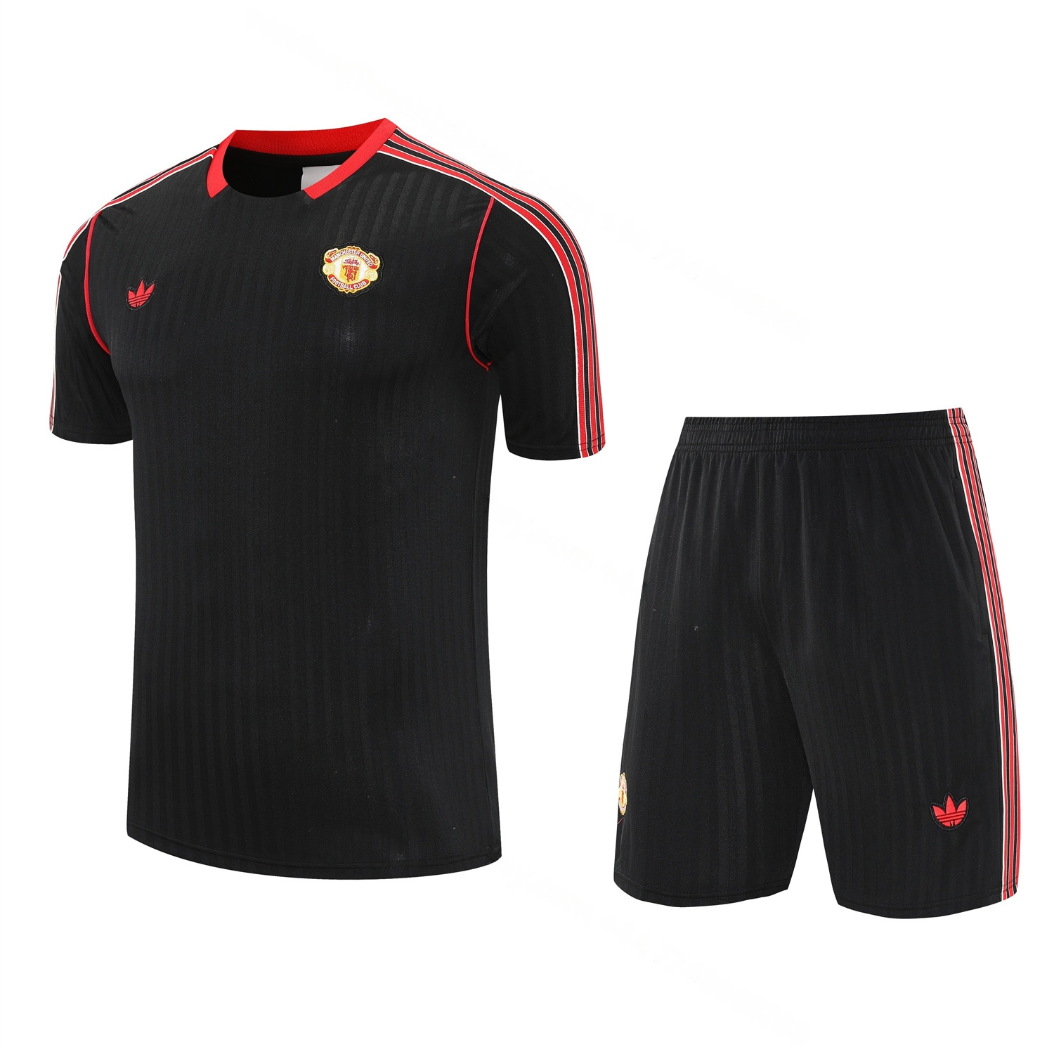 Manchester United 25-26 Short-Sleeve Training Set - Red Lines Black Top & Black Shorts - ManixJersey