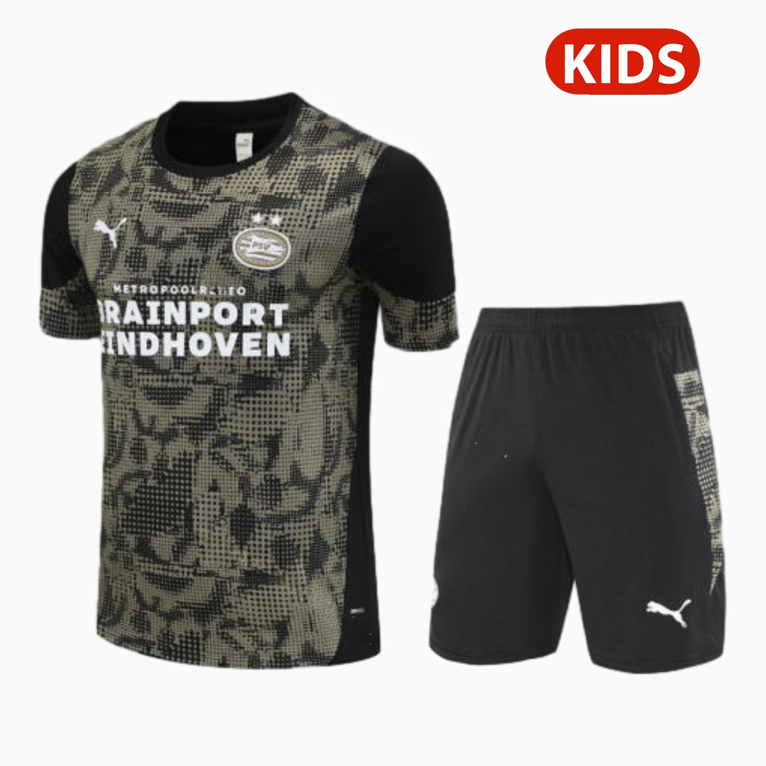 PSV Eindhoven 25-26 Kids Short-Sleeve Training Set - Army Green Top & Black Shorts - ManixJersey