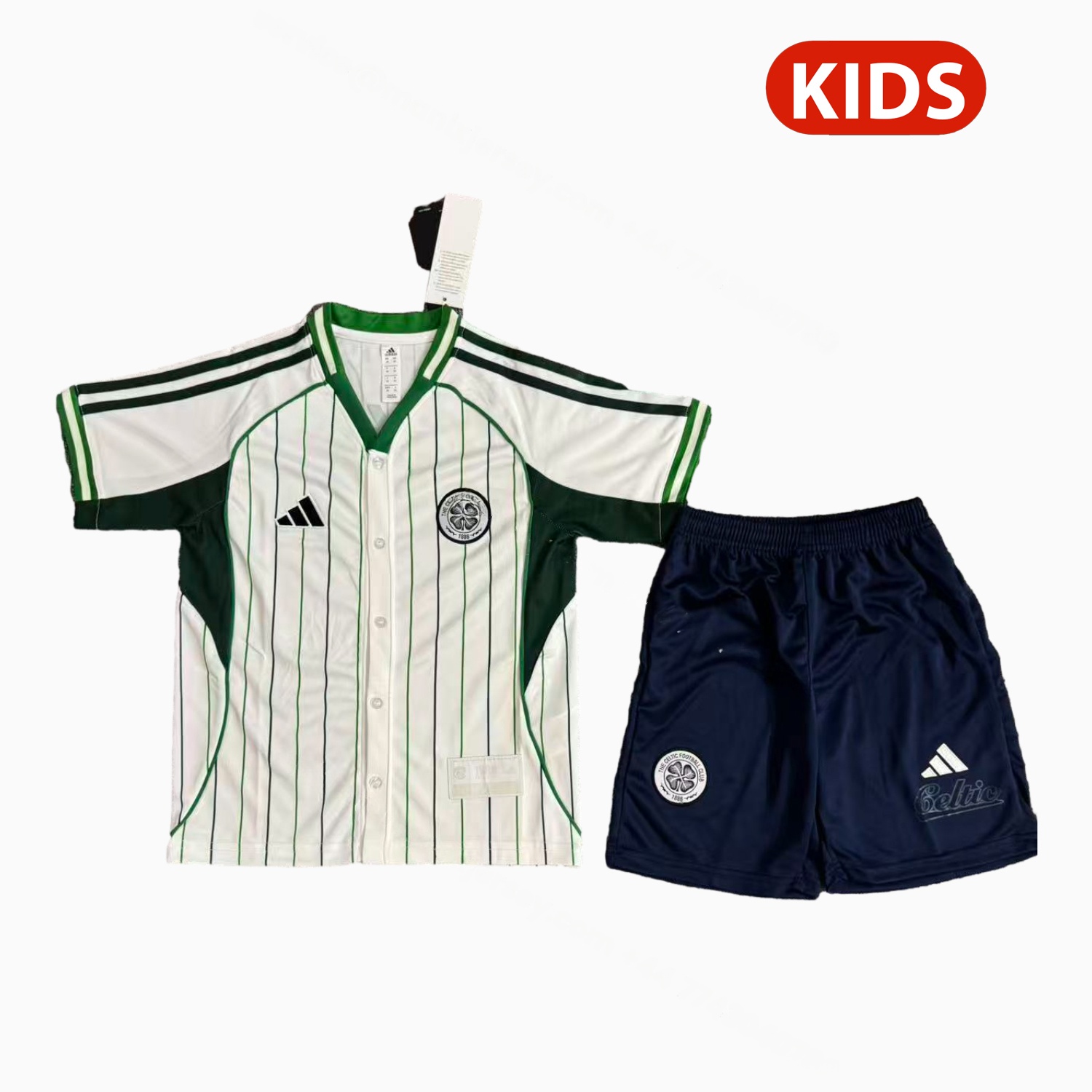 Celtic 25-26 White With Green Lines Baseball Kids Kit - ManixJersey