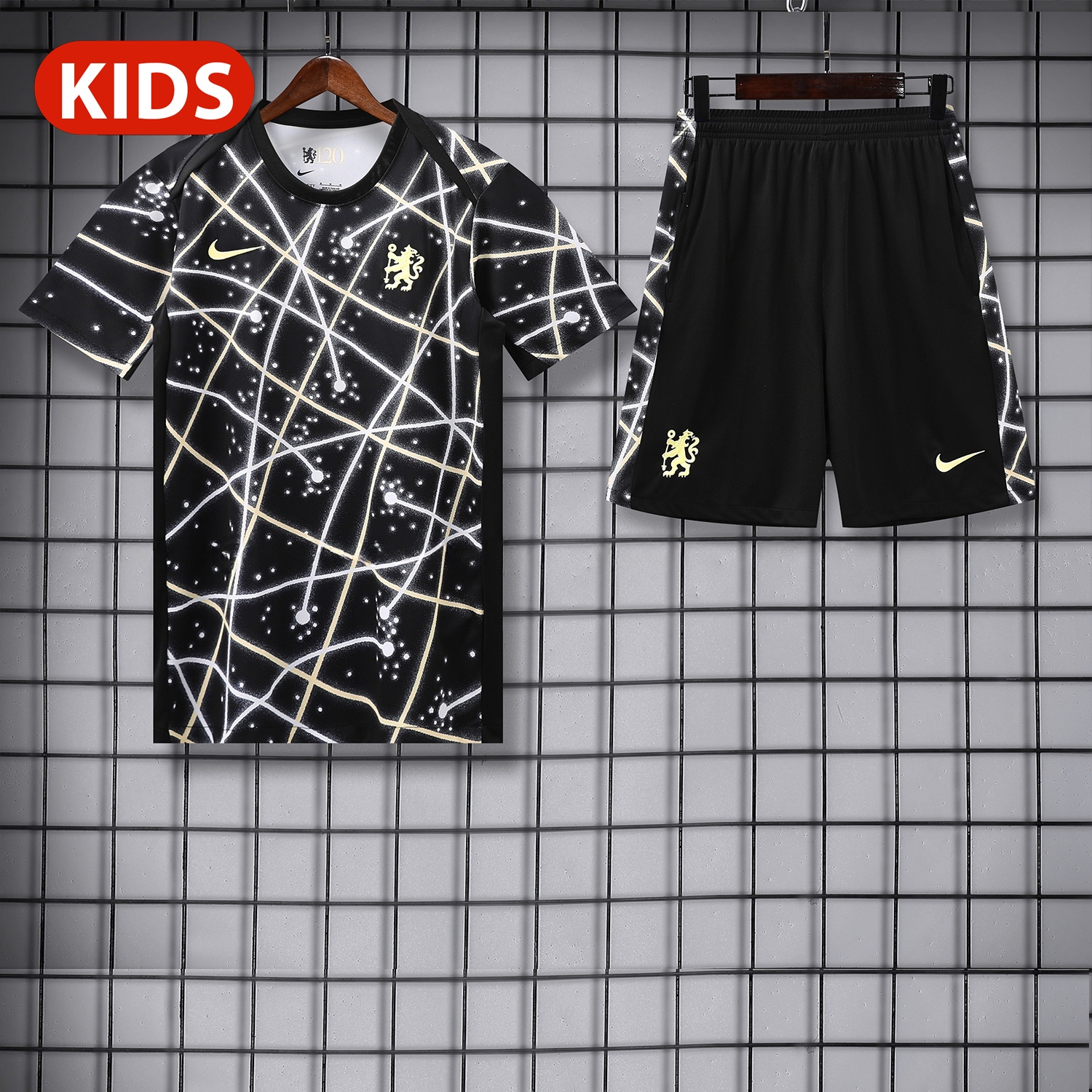C.H.E.L.S.E.A 25-26 Kids Short-Sleeve Training Set - Yellow Fluorescent Rays Black Top & Black Shorts - ManixJersey