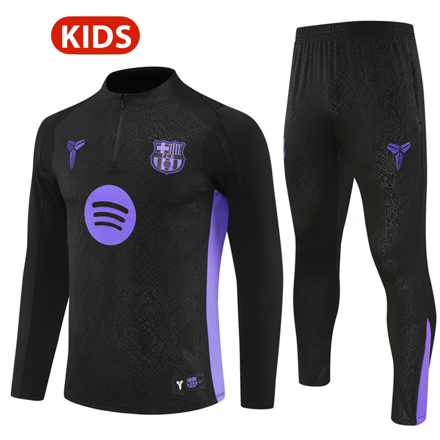 Barcelona 25-26 X KB Kids Long Sleeve Training Set - Black Top & Black Pants - ManixJersey