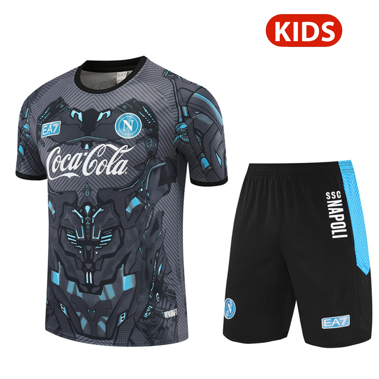 Napoli 25-26 Kids Short-Sleeve Training Set - Gray Mecha Top & Black Shorts - ManixJersey