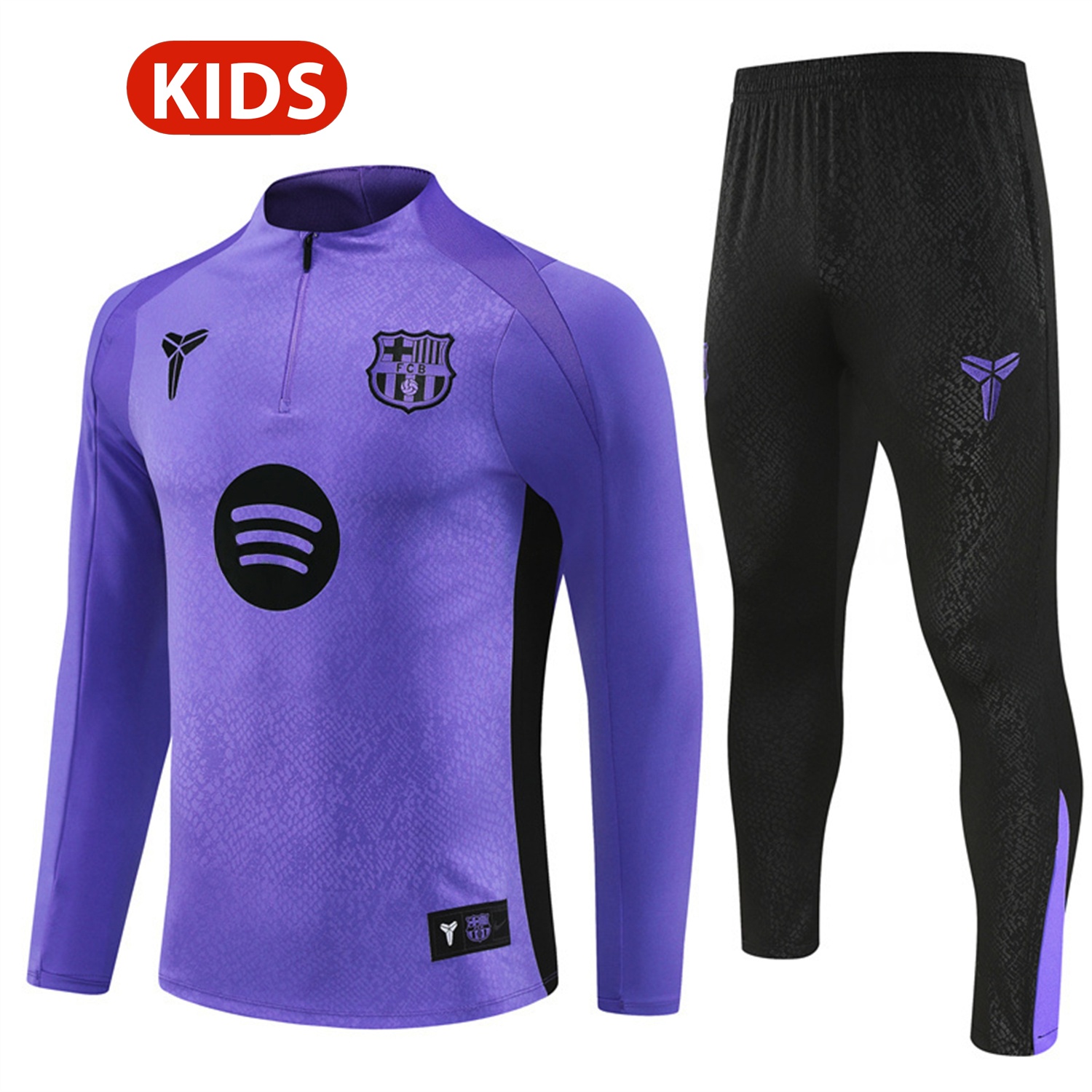 Barcelona 25-26 X KB Kids Long Sleeve Training Set - Purple Top & Black Pants - ManixJersey
