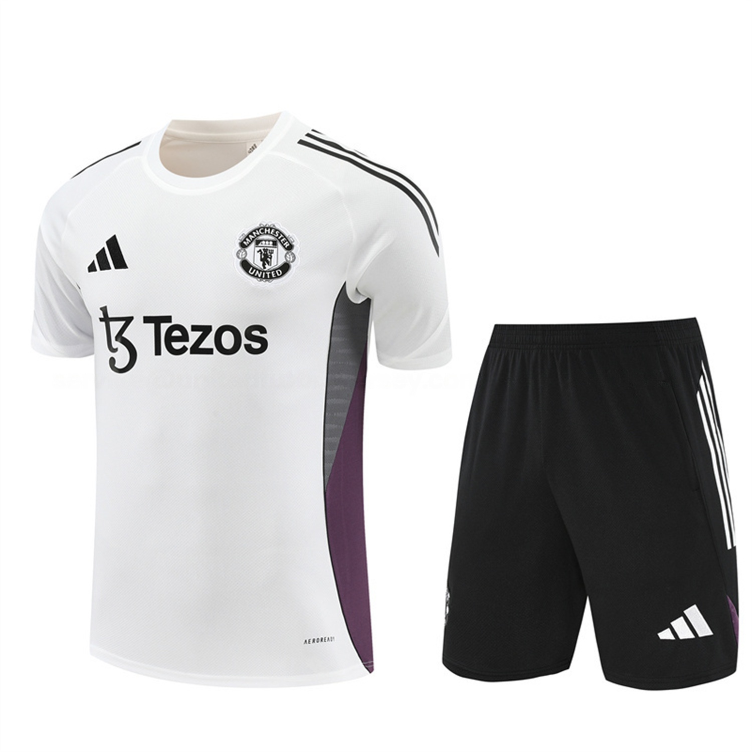 Manchester United 25-26 Short-Sleeve Training Set - White Purple Top & Black Shorts - ManixJersey