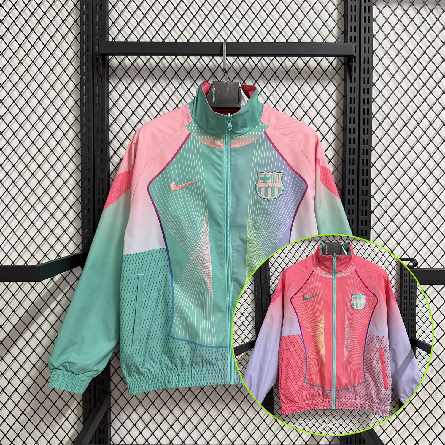 Barcelona 25-26 Double Sided Reversible Windbreaker - Green & Pink - ManixJersey