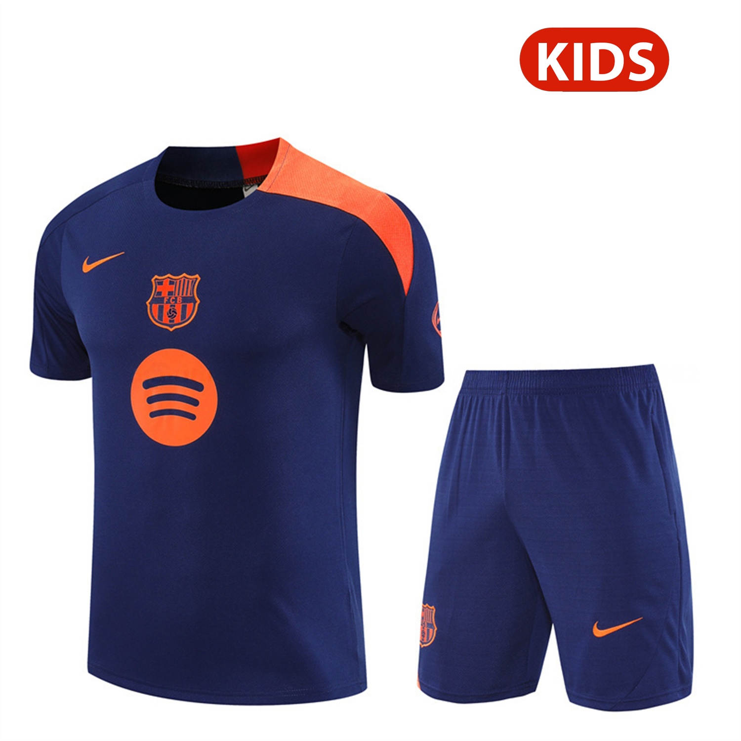 Barcelona 25-26 Kids Short-Sleeve Training Set - Royal Blue Top Orange Sponsor & Royal Blue Shorts - ManixJersey