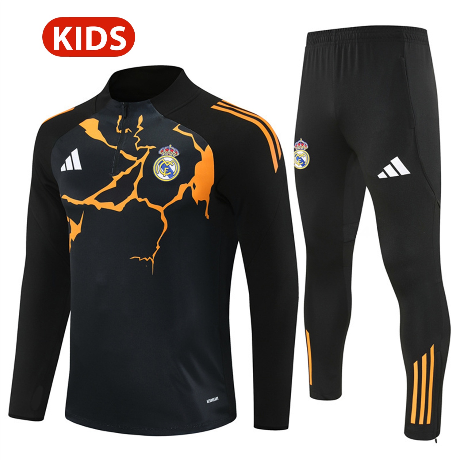 Real Madrid 25-26 Kids Long Sleeve Training Set - Player Version - Yellow Pattern Black Top and Black Pants - ManixJersey