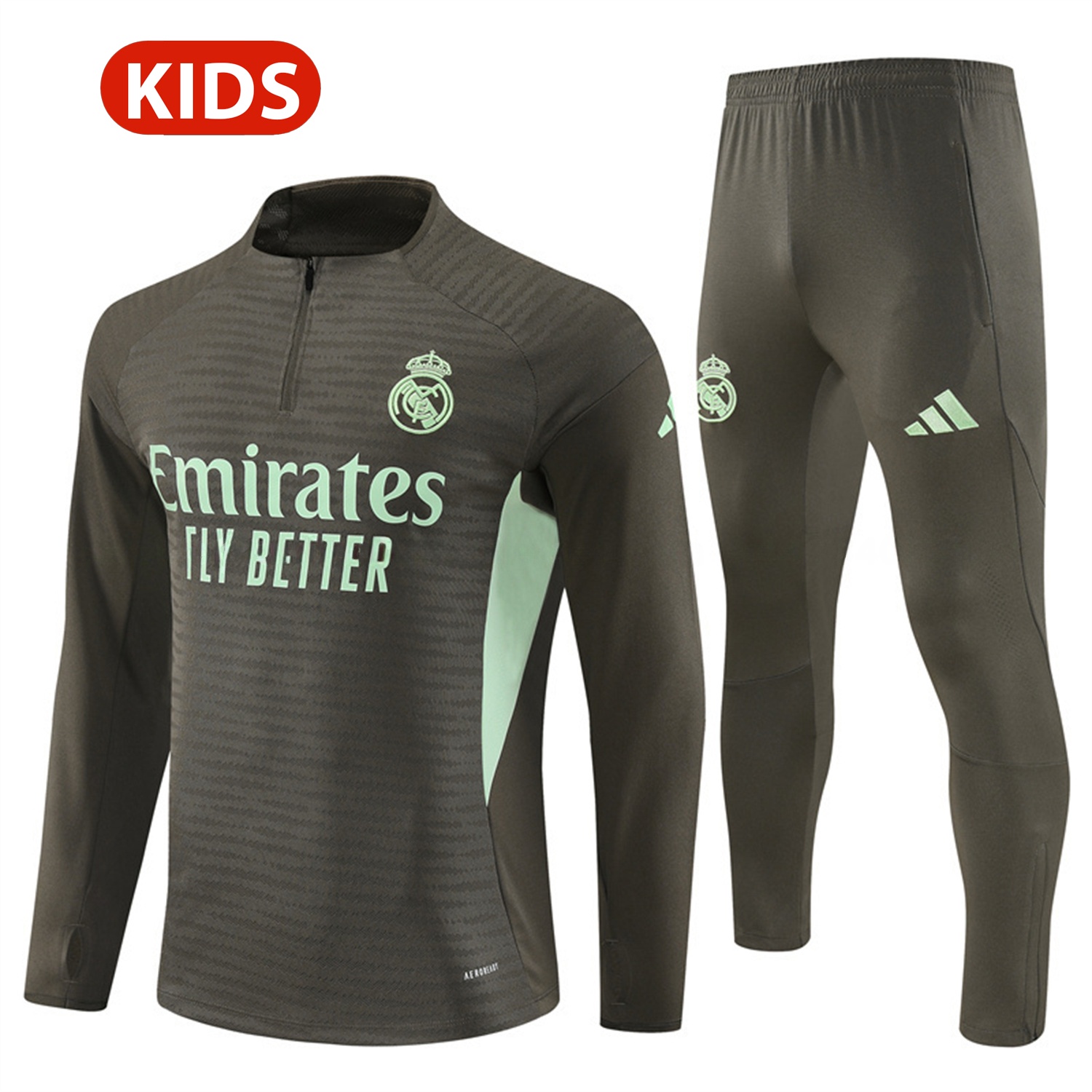 Real Madrid 25-26 Kids Long Sleeve Training Set - Player Version - Khaki Top and Khaki Pants - ManixJersey