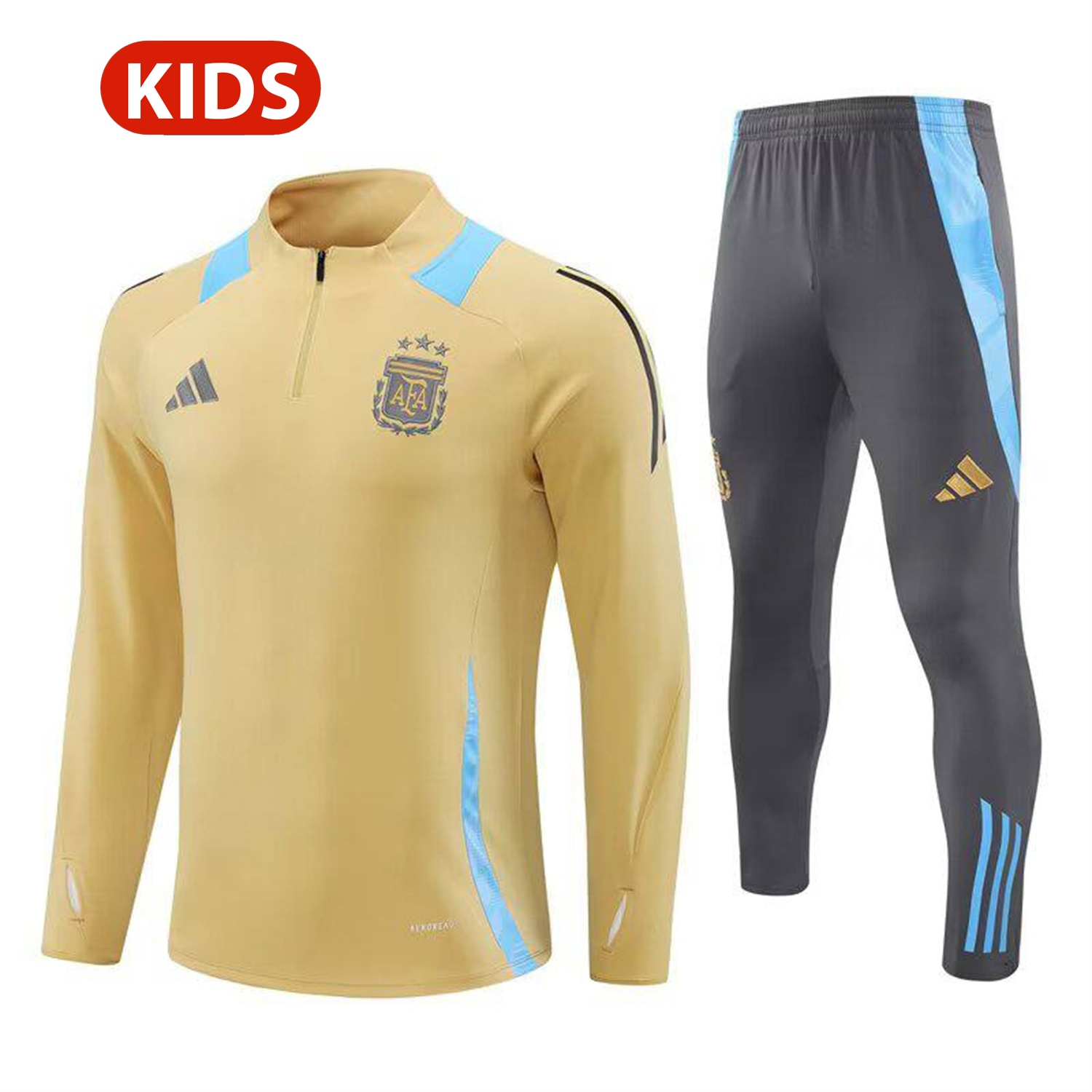 Argentina 25-26 Kids Long Sleeve Training Set - Gold Top and Grey Pants - ManixJersey