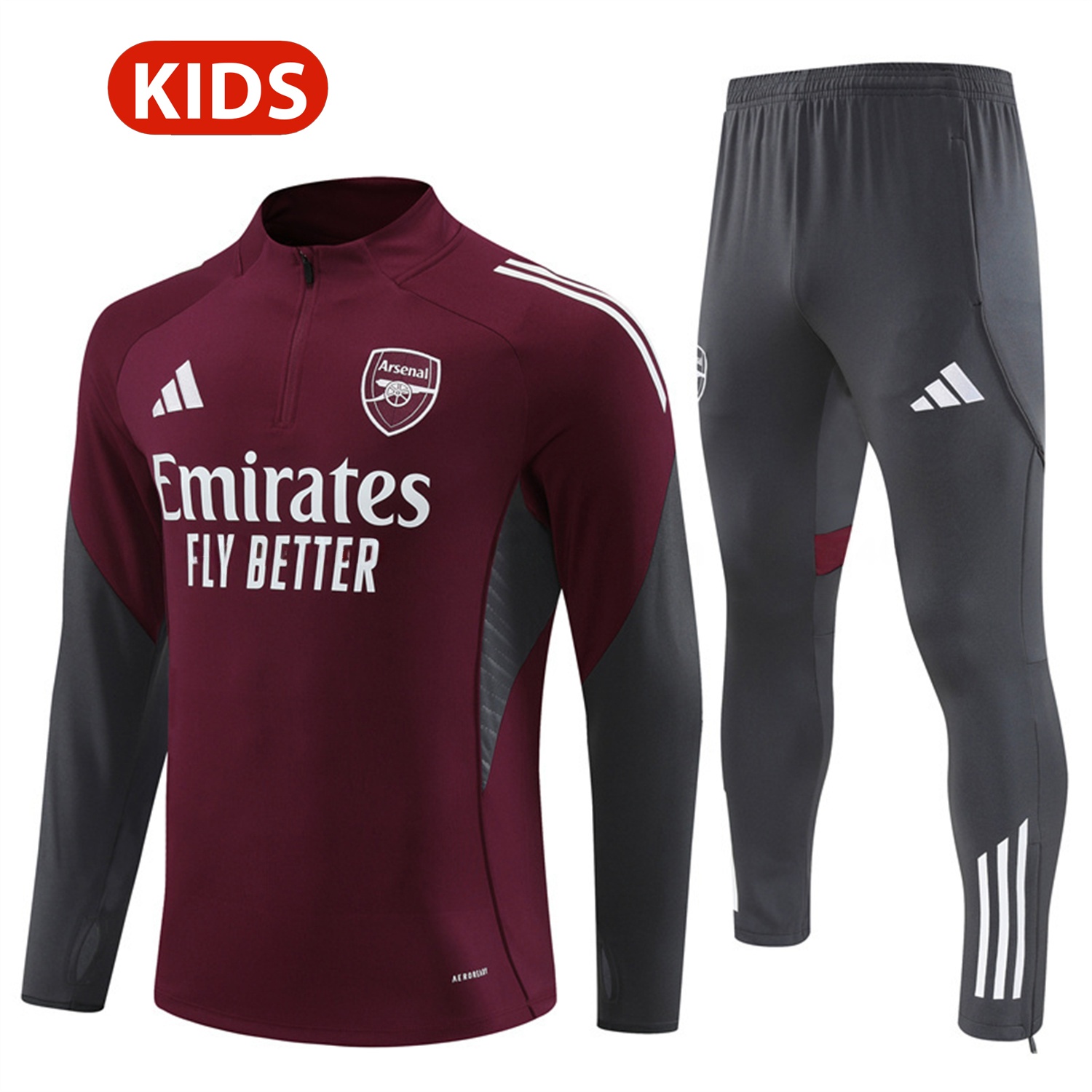 Arsenal 25-26 Kids Long Sleeve Training Set - Wine Red Top & Grey Pants - ManixJersey