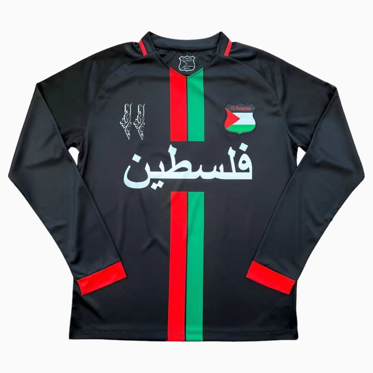 FC Palestina 24-25 Black Centre Striped Long Sleeve Jersey with Arabic and Pattern - ManixJersey