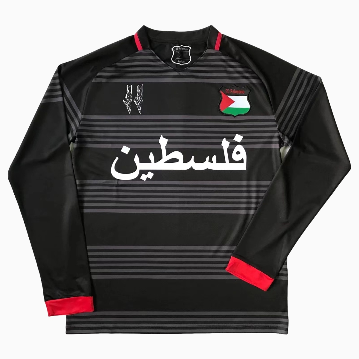 FC Palestina 24-25 Black and Grey Striped Long Sleeve Jersey Jersey with Arabic and Pattern - ManixJersey