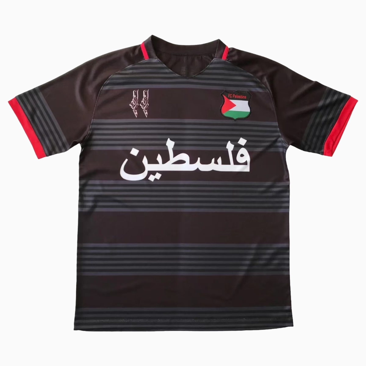 FC Palestina 24-25 Black and Grey Striped Jersey with Arabic and Pattern - ManixJersey