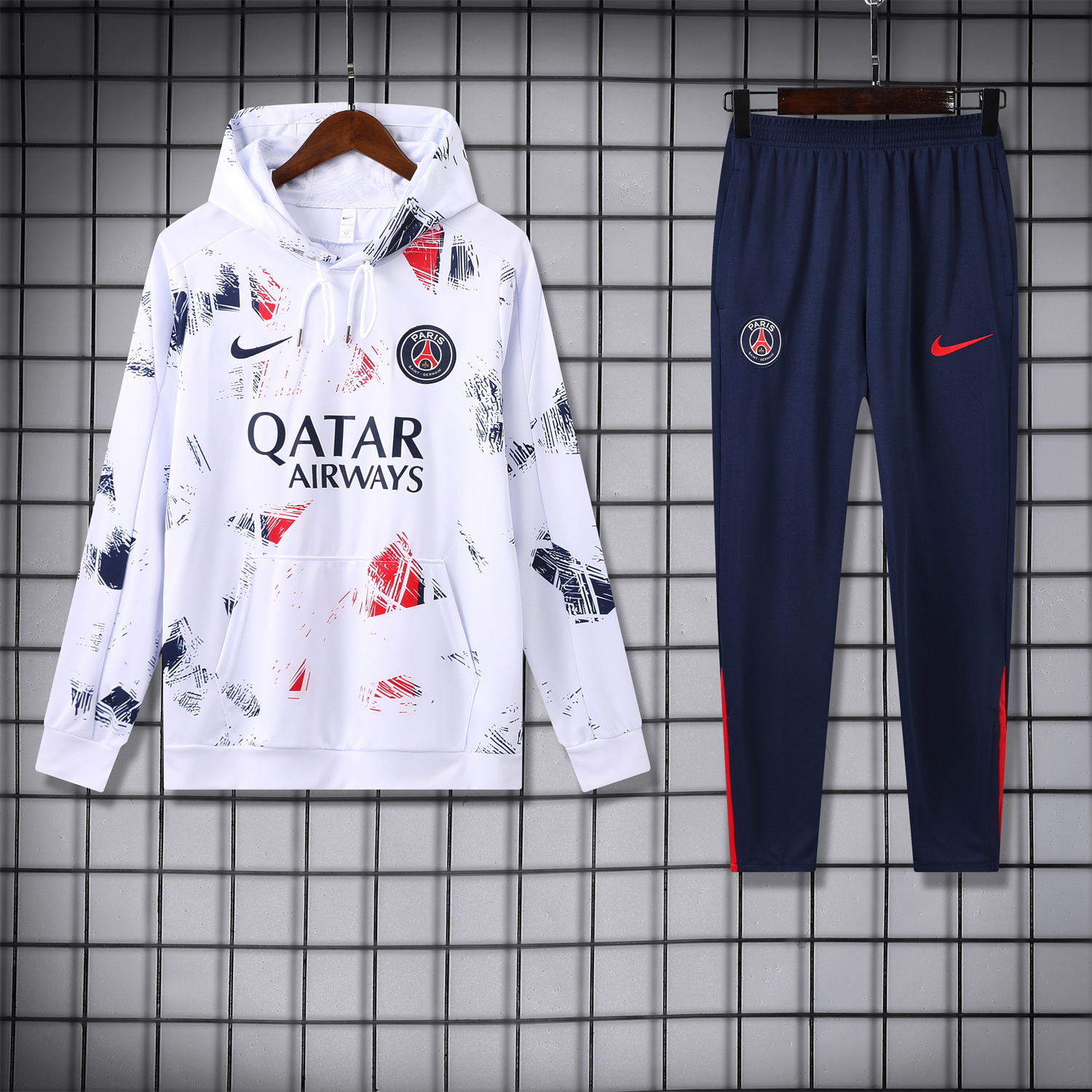 Paris Saint-Germain PSG 24-25 Training Hoodie Set - White Hoodie and Deep Blue Pants - ManixJersey