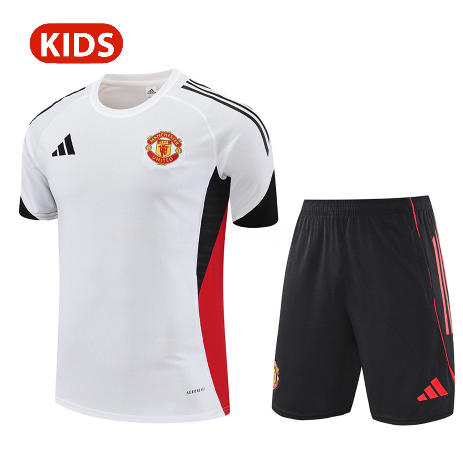 Manchester United 25-26 Kid Short-Sleeve Training Set - White Top & Black Shorts - ManixJersey
