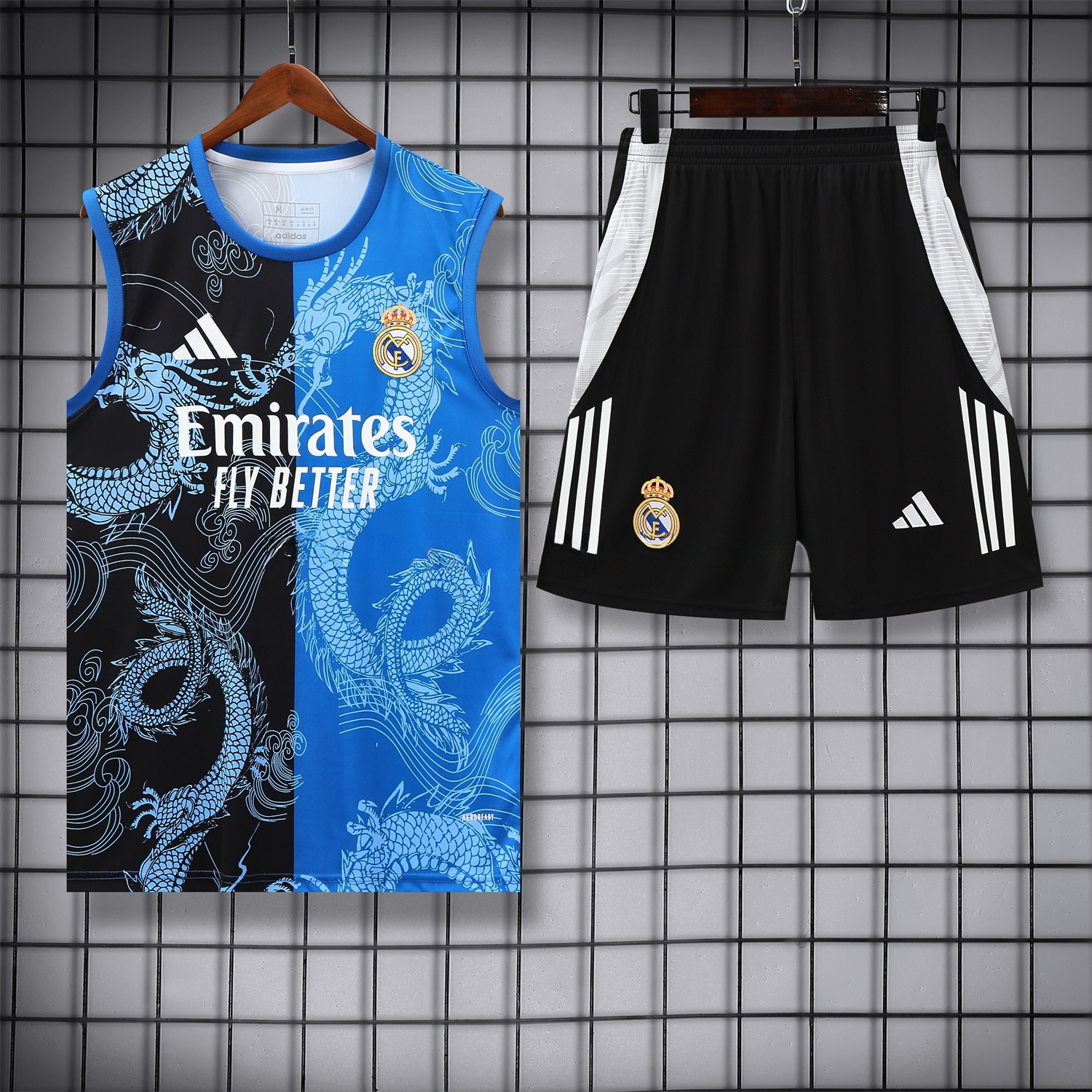Real Madrid 25-26 Vest Training Set - Blue Black Dragon Vest & Black-White Shorts - ManixJersey