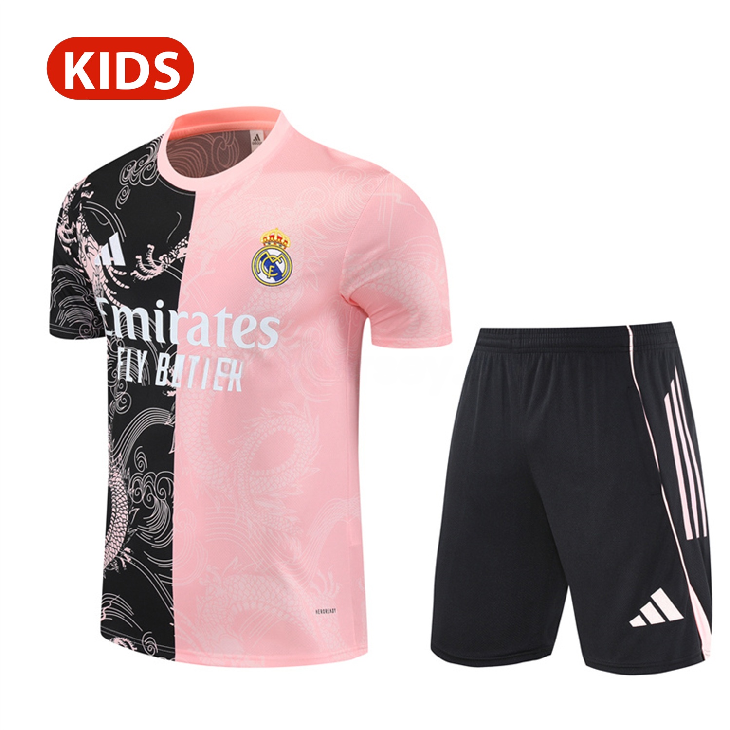 Real Madrid 25-26 Kid Short-Sleeve Training Set - Pink Black Top & Black Shorts - ManixJersey