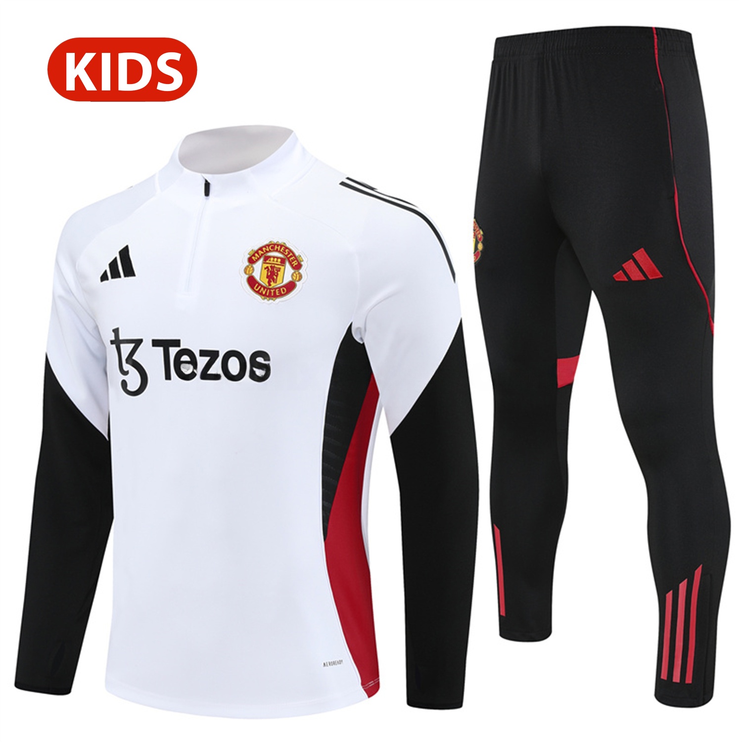 Manchester United 25-26 Kid Long Sleeves Training Set - White Top & Black Pants - ManixJersey
