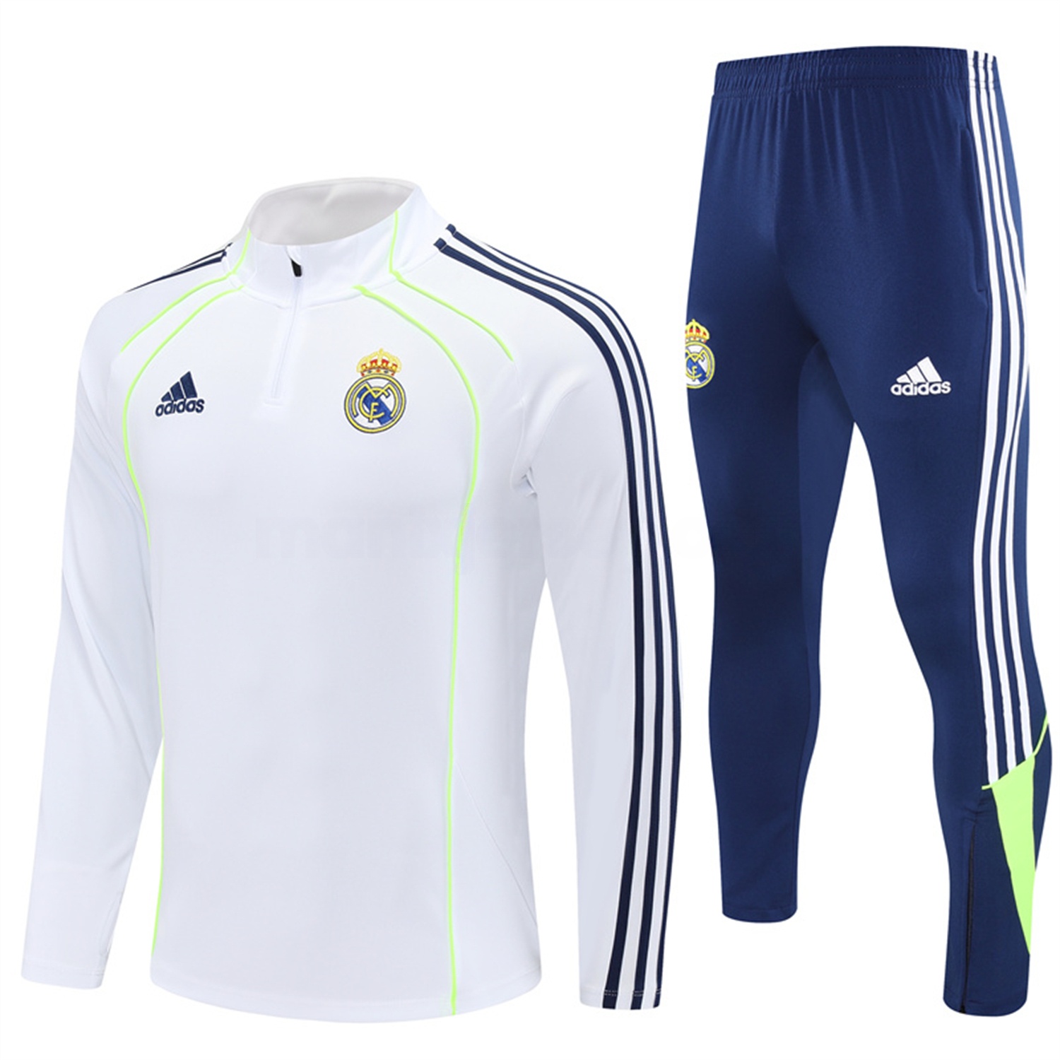 Real Madrid 25-26 Long Sleeve Training Set - Green Line White Top and Blue Pants - ManixJersey