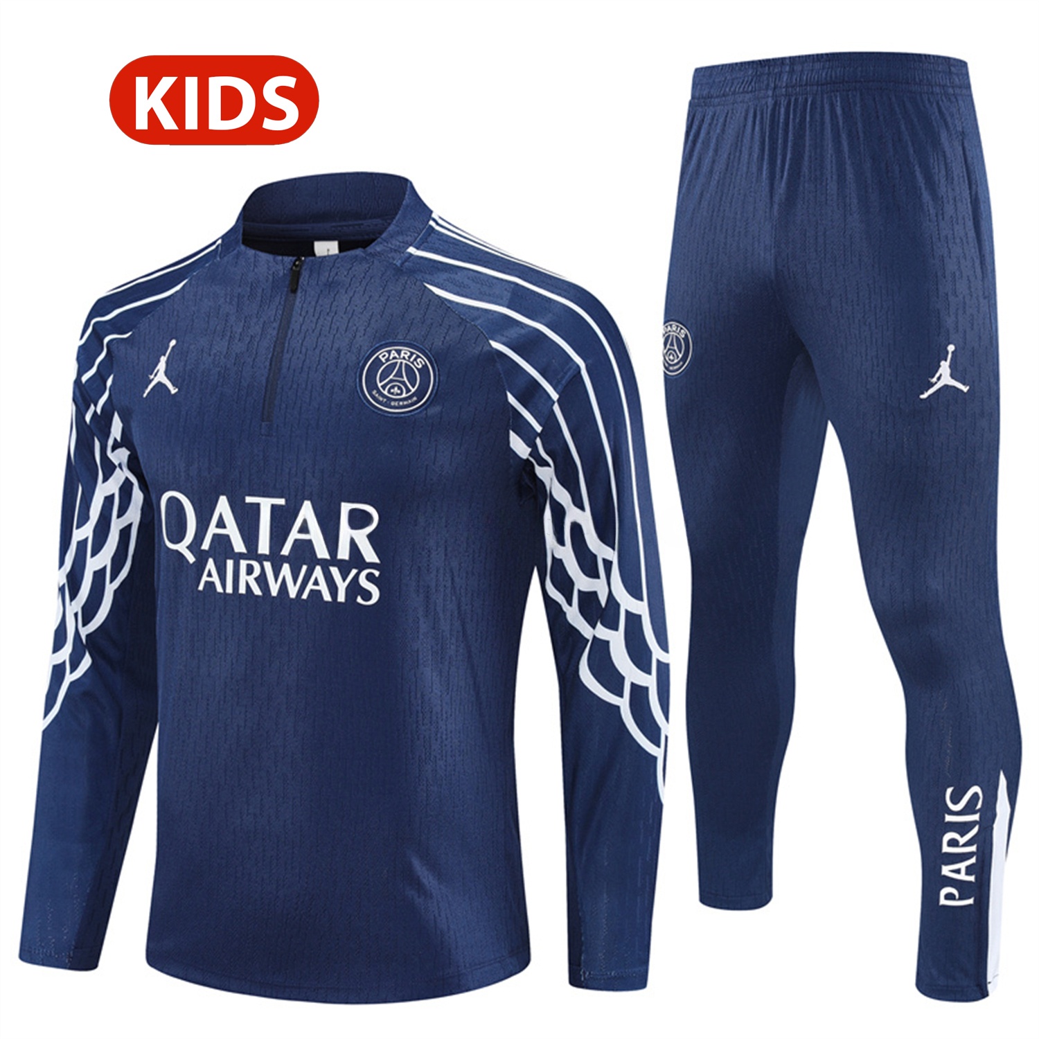 Paris Saint-Germain PSG 25-26 Kids Long Sleeve Training Set - JD White Wing Royal Blue Top and Pants - ManixJersey