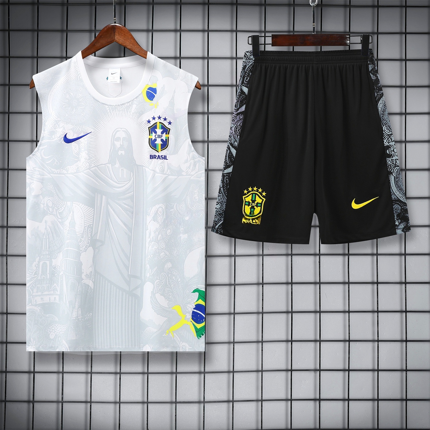 Brazil 25-26 White Jesus Statue Vest Training Set - White Vest & Black Shorts - ManixJersey