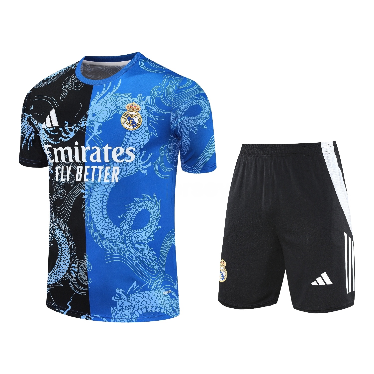 Real Madrid 25-26 Short-Sleeve Training Set - Blue Black Dragon Top & Black-White Shorts - ManixJersey