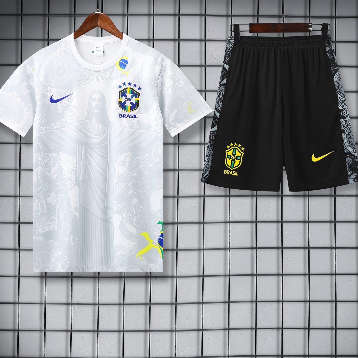 Brazil 25-26 White Jesus Statue Short-Sleeve Training Set - White Top & Black Shorts - ManixJersey