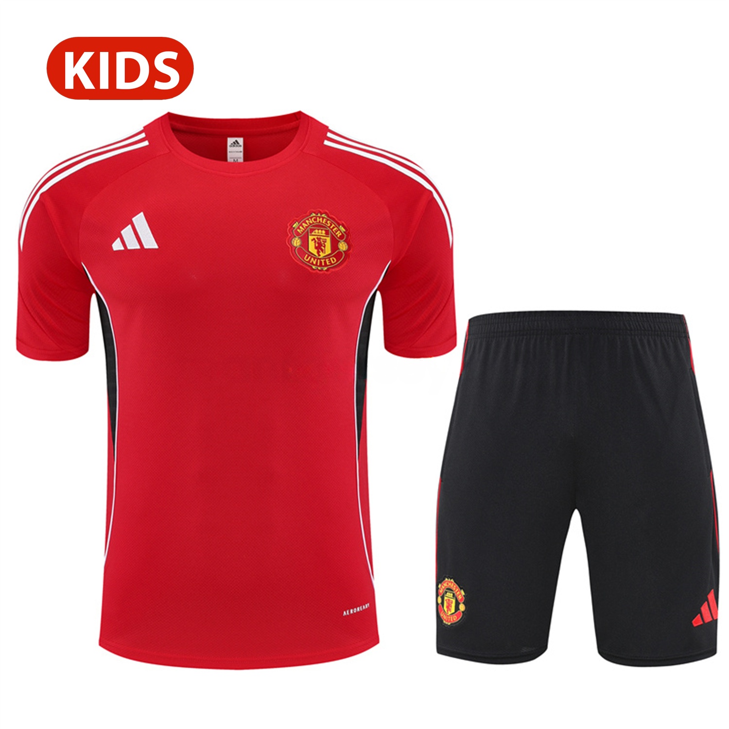 Manchester United 25-26 Kid Short-Sleeve Training Set - Red Top & Black Shorts - ManixJersey