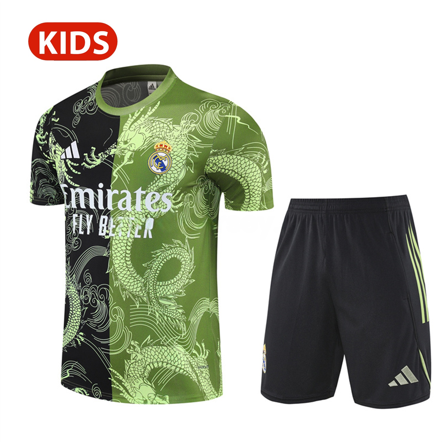 Real Madrid 25-26 Kid Short-Sleeve Training Set - Green Black Top & Black Shorts - ManixJersey