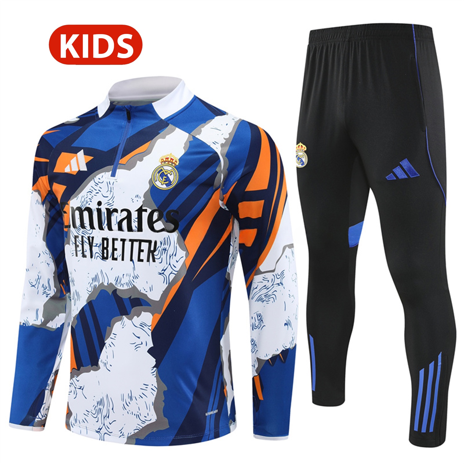 Real Madrid 25-26 Kids Long Sleeve Training Set - Yellow, White and Blue Camouflage Top and Black Pants - ManixJersey