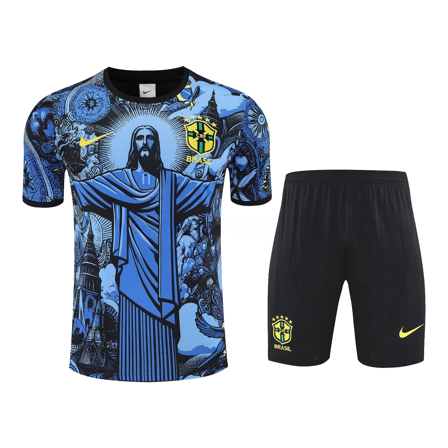 Brazil 25-26 Blue Jesus Statue Short-Sleeve Training Set - Blue Top & Black Shorts - ManixJersey