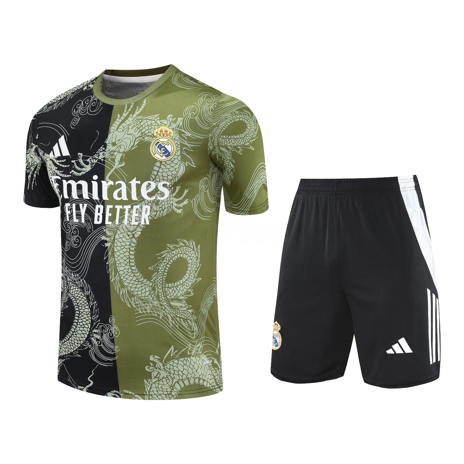 Real Madrid 25-26 Short-Sleeve Training Set - Green-Black Dragon Top & Black-White Shorts - ManixJersey